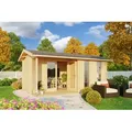 Gartenhaus LASITA MAJA "Riverside, Naturbelassen", beige (naturbelassen), Fußboden im Gartenhaus, ohne Dacheindeckung, Holzwerkstoff, Gartenhäuser, mit Terrasse