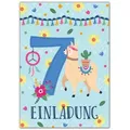 JUNAPACK Einladungskarten Lama Einladungen zum 7. Kindergeburtstag Karten Mädchen Alpaka Tiere, Einladungskarten mit einem Lama Tiere zum siebten Geburtstag