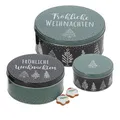 Spetebo Metall Gebäckdose 3er Set grün - FRÖHLICHE WEIHNACHTEN - Runde Keks Dosen ineinander stapelbar - Plätzchen Keks Gebäck Vorrats Geschenk Dose ineinander stapelbar