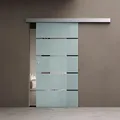 doporro Glasschiebetür komplettset 77,5 x 205cm Schiebetür mit ESG 15mm Wandabstand Zimmertür Glas 5-Milchglas-Streifen mit Muschelgriff - Transparent/milchig