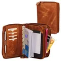 ALMADIH Leder A7 Kombimappe 2 Fächer mit Reißverschluss + Kalender 2025 Premium Rindsleder Braun Deluxe in Geschenkbox Ledermappe Mappe Schreibmappe Terminplaner Terminkalender Ringbuchmappe BD