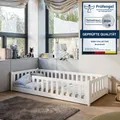 Kinderbett Bodenbett 80x180 cm Bett mit Matratze, Rausfallschutz & Lattenrost Montessori Bett Bed Gitterbett Kinder Jugendbett Einzelbett komplett Set | weiß Kiefer Holz massiv Junge Mädchen
