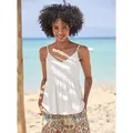 Shirttop HEINE, Damen, Gr. 50, beige (ecru), 95% Viskose, 5% Elasthan, unifarben, V-Ausschnitt, ohne Ärmel, Tops