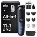 Braun All-in-One Trimmer-Set 7, 11-in-1 Multigroom, Barttrimmer, Nasenhaartrimmer, Haarschneidemaschine für Gesicht, Kopf und Körper, 120 Min Akku, 14 Längen (0.1–21 mm), Wasserdicht, AIO7540, Blau