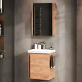 Planetmöbel Waschtisch mit Unterschrank 50 cm inkl. Spiegelschrank 50cm, Badmöbel Set mit Waschbecken, hängend, Gold Eiche