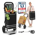 ELONEO Einkaufstrolley klappbar, Einkaufswagen mit Kühlfach, 3in1 Trolley, Shopping Trolley 56L & Umhängetasche - Schwarz