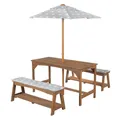 Roba Sitzgruppe Outdoor+ 1 Tisch 2 Bänke Sonnenschirm & Sitzauflagen Teak TOP
