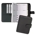 BIND 17501 Systemplaner A7 aus FINEtouch-Lederimitat, schwarzer Timeplaner, Mappe ca. 14 x 11,5 x 3 cm, Kalendermappe mit Systemeinlage mit Kalender 1 Woche=2 Seiten, Planer mit Druckverschluss