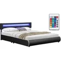 Juskys Polsterbett Sevilla 180 x 200 cm schwarz – Bettgestell mit LED Beleuchtung, Lattenrost & Kopfteil – Kunstleder & Holz – Bett Doppelbett - Schwarz