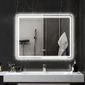 HOMCOM Badspiegel mit Beleuchtung 70x90 cm LED Spiegel Wandspiegel mit Bluetooth-Musikfunktion Uhr Touchschalter Memory-Funktion Lichtspiegel Beschlagfrei mit 3 Lichtfarben Silber