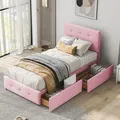 Polsterbett mit 2 Schubladen und Lattenrost, 90x200, Kopfteil höhenverstellbar, Einzelbett, Samt - Rosa