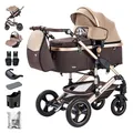 Daliya® BAMBIMO 3in1 Kinderwagen & Buggy Set mit i-Size Babyschale (ECE R129) – Kombikinderwagen ab Geburt bis 22 kg, pannensichere Räder, Federung, höhenverstellbar (Braun - Rahmen Gold)