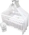 13 Teiliges Babybett Kinderbett und Bettwäsche komplett Set TIMMI inkl. Matratze höhenverstellbar für Neugeborene Babys und Kleinkinder aus Massivholz (Grau - Teddybär Mond)