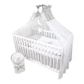Bello24 - 13 Teiliges Babybett Kinderbett und Bettwäsche komplett Set Timmi inkl. Matratze höhenverstellbar für Neugeborene Babys und Kleinkinder aus Massivholz (Grau - Teddybär Mond)