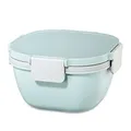 Xavax Salatbox To Go (Salatschüssel zum Mitnehmen, Salatbecher to go mit Dressingbehälter u. 3 Fächer im Topper, für Mikrowelle, Salatbehälter mit Besteck, Deckel Clip Verschluss, 1400 ml) pastellblau