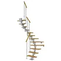 Dolle Mittelholmtreppe Dublin 1/2 gewendelt aus Eiche lackiert 61 cm breit für GH 240–292 cm UK Metall Perlgrau mitlaufende Edelstahlstäbe