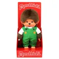 Sekiguchi 203871 - Original Monchhichi Junge mit Latzhose und Frosch-Motiv, ca. 20 cm großes Kuscheltier aus braunem Plüsch