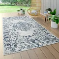 Outdoor Teppich Wetterfest Balkon Küche Orient Muster Ornamente Creme Blau Grau Grösse 80x150 cm