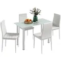HOMCOM 5-TLG. Essgruppe, Esstisch mit 4 Stühlen, Küchentisch mit Hartglasplatte, Esszimmergruppe, Esszimmermöbel, Esstisch Set für Küche, Esszimmer, Stahl, Weiß