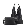 Damen Tasche XXL Set 2in1 Shopper Hobo Bag Schultertasche Cross Over Body Bag Umhängetasche Beuteltasche Handtasche Leder Optik Schwarz