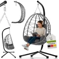 Juskys® Hängesessel Aria mit Gestell höhenverstellbar, faltbar & ergonomisch - Outdoor & Indoor - bis 130 kg - Polyrattan Korbhängesessel inkl. Kissen - Grau