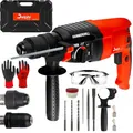 Delphi SDS Plus Bohrhammer 2600W - Abbruchhammer & Schlagbohrmaschine - 2 Bohrfutter, 4 Funktionen in 1 Werkzeug 0-1200U/Min Bohr-Meißel-Set Zubehör & Koffer