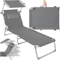 tectake® Sonnenliege mit Dach, Strandliege klappbar, leichte Gartenliege, Outdoor Liegestuhl mit Verstellbarer Rückenlehne, inkl. Kopfkissen - ideal für Balkon, Terrasse, Camping, Strand - grau