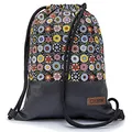 By Bers Leon großer Premium Turnbeutel mit Innentaschen Rucksack Tasche Damen Herren Teenager Gym Bag Draw String 45x34cm für Sport Reise Alltag Einkauf (BuntBlumeSchwarzPU)