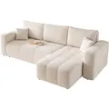 ECKSOFA Creme Velours mit Bettkasten und Schlaffunktion