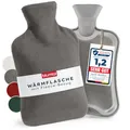 Blumtal Premium Wärmflasche mit Bezug Fleece - Wärmeflasche aus verwendungssicherem Naturkautschuk mit Fleecebezug - auslaufsichere Bettflasche 1,5 L - beruhigend & wärmend - Bettflasche Grau