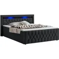 Juskys Boxspringbett Leona Samt 180x200 cm in Schwarz – mit LEDs, Topper & Federkern-Matratzen - Schwarz