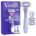 Gillette Venus Extra Smooth Swirl Rasierer Damen — Inkl. 3 Ersatzklingen für Nassrasierer, Schwenkbares Handstück und Duschhalterung — Lila