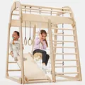 Holz Klettergerüst für Kinder Indoor & Outdoor, Montessori, Schaukel, Kletterwand, Kletterseil und Strickleiter – für Kinder von 3 bis 8 Jahren