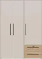 Forte MOKKARIS Kleiderschrank 140 150, moderner Drehtürenschrank, 3-türig, 2 Schubladen, Holzwerkstoff, Kaschmir Beige mit Artisan Eiche Holzdekor, 144,4 cm breit x 200,1 cm hoch x 58,8 cm tief