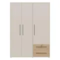Forte MOKKARIS Kleiderschrank 140 150, moderner Drehtürenschrank, 3-türig, 2 Schubladen, Holzwerkstoff, Kaschmir Beige mit Artisan Eiche Holzdekor, 144,4 cm breit x 200,1 cm hoch x 58,8 cm tief