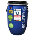 plasteo® 60 L Weithalsfass mit Spannverschluss | Lebensmittelecht | Universalfass | Futtertonne | Regen Maische Tierfutter Trinkwasser Camping Lagerfass | Stapelbar | Blau