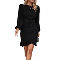 RPAEOY Damen Kleid Elegant Langarm Rüschen Bodycon Puffärmel Kurz Kleider Vintage Formal Dress Bleistiftkleid für Cocktail Abend Büro Sommer Herbst Schwarz M