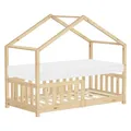 ML-Design Kinderbett Hausbett 70x140 cm Natur mit Matratze, Holzbett mit Rausfallschutz, Lattenrost, Dach, Spielbett aus Kiefernholz für Kinder, Montessori Bodenbett Bettgestell Bettenhaus Juniorbett