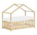 ML-DESIGN Spielbett Hausbett Kinderbett inkl. Lattenrost & Rausfallschutz Kinder Bodenbett, Abenteuerbett 70x140cm mit Matratze Himmelbett Kiefer Jugendbett Natur