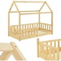 Juskys Kinderbett Marli 80 x 160 cm - Rausfallschutz, Lattenrost & Dach - Holz Natur - Naturbelassen