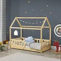 Juskys® Kinderbett Marli 80 x 160 cm mit Rausfallschutz, Lattenrost und Dach - Hausbett für Kinder aus Massivholz - Bett in Natur