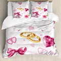 ABAKUHAUS Hochzeit Bettbezug, Trauringe Herzen, Milbensicher Allergiker geeignet mit Kissenbezügen, 155 cm x 220 cm - 80 x 80 cm, Rosa Weiß Orange