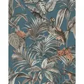 Profhome Prägetapete DE120016-DI Vogel Tapete Vogelmuster blau petrol silber 5,33 m2, geprägt, botanisch, glänzend, tropisch, Vögel, (1 Rolle, 5,33 qm), heißgeprägte Vliestapete, blau, petrol, silber, karamell-braun blau 0.53 m x 10.05 m