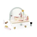 Janod - Friseurstuhl aus Holz für Kinder auf einem Tisch - Schublade, Spiegel und 7 Accessoires - Thema Einhorn - Höhe 33cm - Make-up-Attrappe - Ab 3 Jahre - J06463