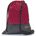 By Bers Leon großer Premium Turnbeutel mit Innentaschen Rucksack Tasche Damen Herren Teenager Gym Bag Draw String 45x34cm für Sport Reise Alltag Einkauf (WeißRot_SchwarzPUKunstlederDots)