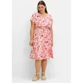 Sommerkleid SHEEGO "Sommerkleid", Damen, Gr. 58, Normalgrößen, beige (champagner, bedruckt), 100% Viskose, V-Ausschnitt, Kurzarm, Kleider