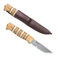 Helle Norway Unisex Outdoormesser Dreilagenstahl Rostfrei Drop Point Masurische Birke Horn-einlagen Braune Köcher-lederscheide Messer, Blau, M EU