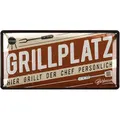 LANOLU Retro Blechschilder Grillen - GRILLPLATZ - BBQ Grill Retro Deko - Grillplatz Schild Garten - Geschenk für Papas Grillecke Schild - Chill Lounge Schilder, 17x34 cm