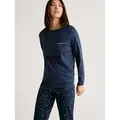 Schlafanzug CALIDA "Sweet Dreams", Damen, Gr. L (48/50), blau (peacoat blau), Interlock, Obermaterial: 100% Baumwolle, casual, bequem lang, Rundhals, Langarm angesetztes Bündchen, Homewear-Sets, mit lässig-lockerer Passform