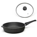 Hoffmann Germany Bratpfanne Schmorpfanne Ø 24 cm hoher Rand mit Deckel – Made in Germany, Aluguss (Set, 2-tlg., 1x Pfanne Ø 24 cm mit hohem Rand + 1x Glasdeckel), abnehmbarer Griff, Antihaft, backofenfest bis 250°C, Induktion schwarz Ø 24 cm